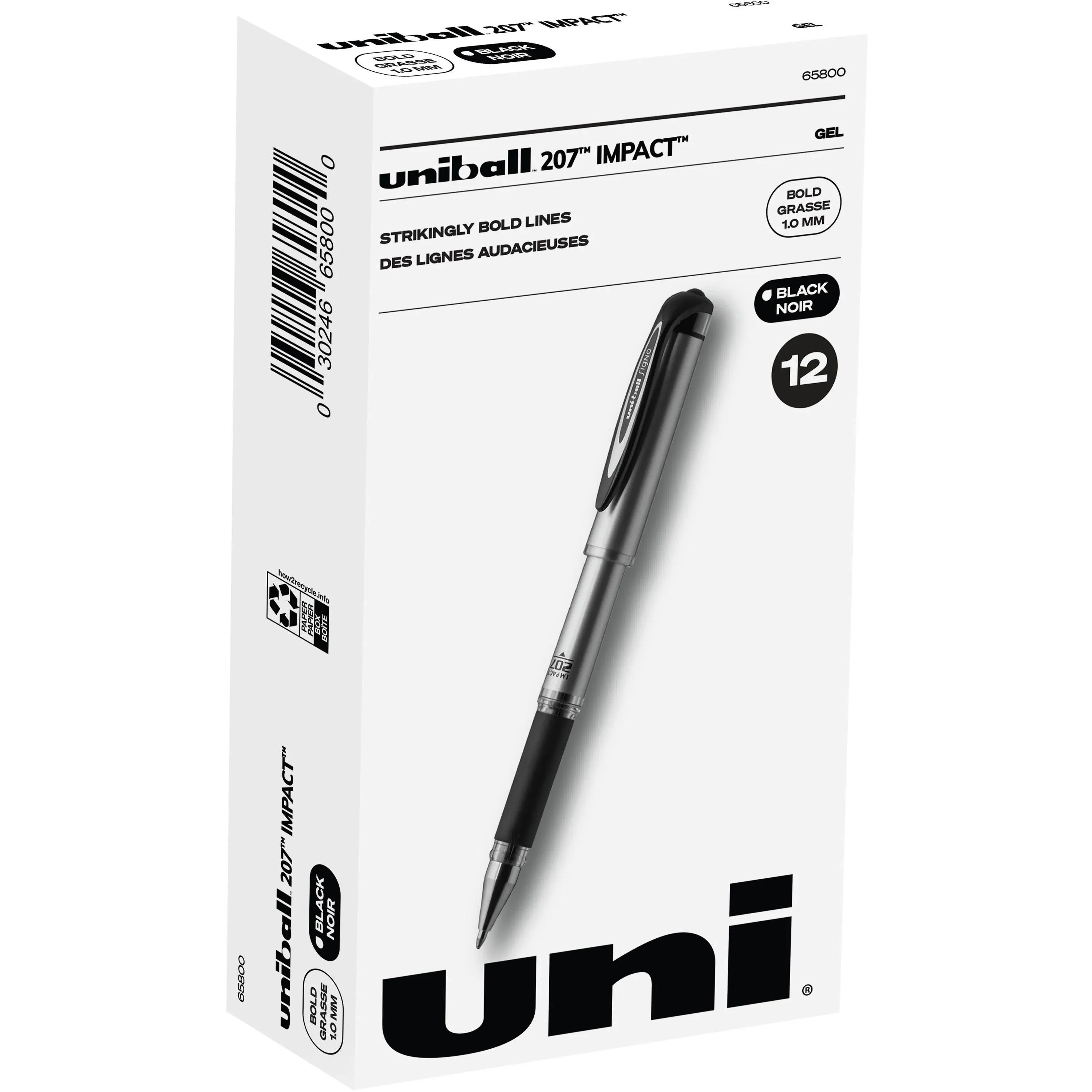 Uni-Ball 207 Impact Gel Pen, Stick, Bold 1 mm, Black Ink, Silver/Black Barrel