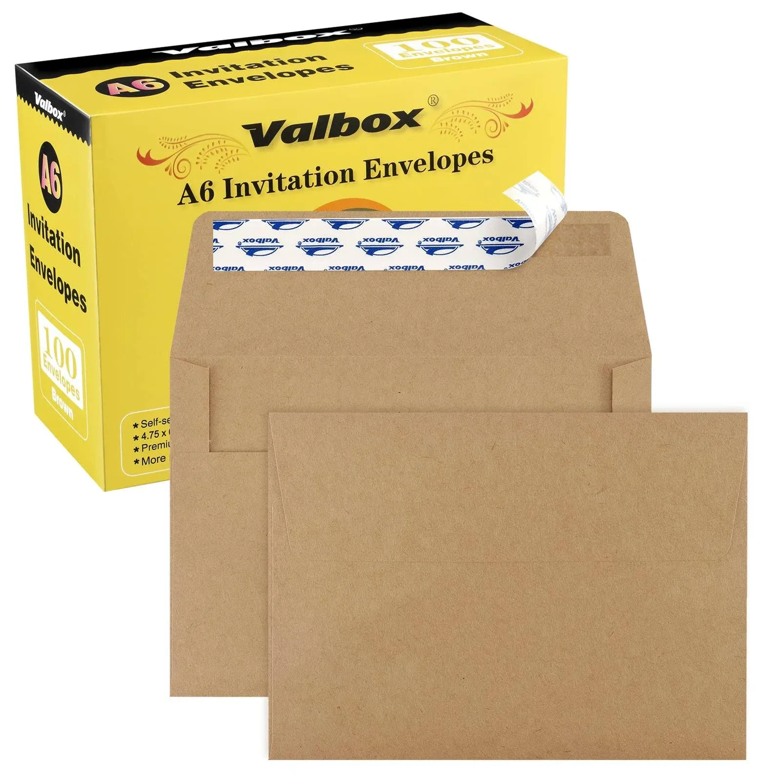 ValBox 100 Qty A6 Envelopes Self Seal 6.5 x 4.75" Brown Kraft Paper Invitation Envelopes for 4x6 Cards, Photos, Invitations, Weddings, Baby Shower, Birthiday, Announcements, RSVP (A6)