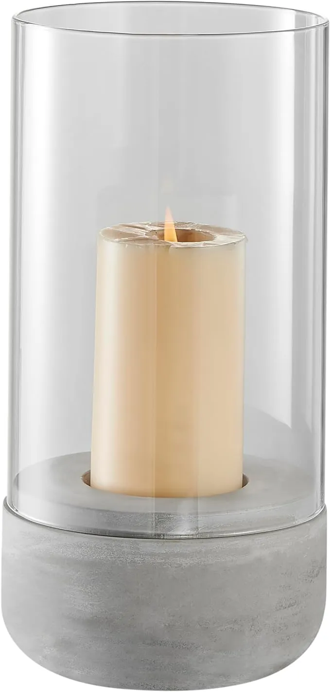 Modern Cool Gray Cement Base And Glass Pillar Hurricane Candle Holder, Large In Cement,clear