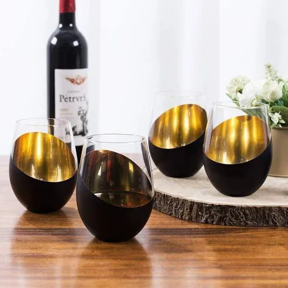 Black &amp; Gold Stemless Wine Glasses, Elegant Anniversary Wine Glasses, Set of 4