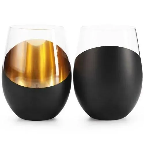 Set of 6 Matte Black &amp; Gold Stemless Wine Glasses