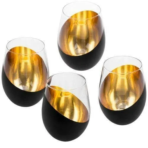 Matte Black &amp; Gold Stemless Wine Glasses/ Beverage Drinkware, Set of 4