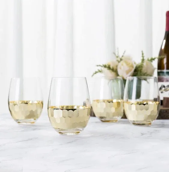 Glass and Gold Hammered Design Stemless Wine Glasses, Toasting Glass, Set of 4