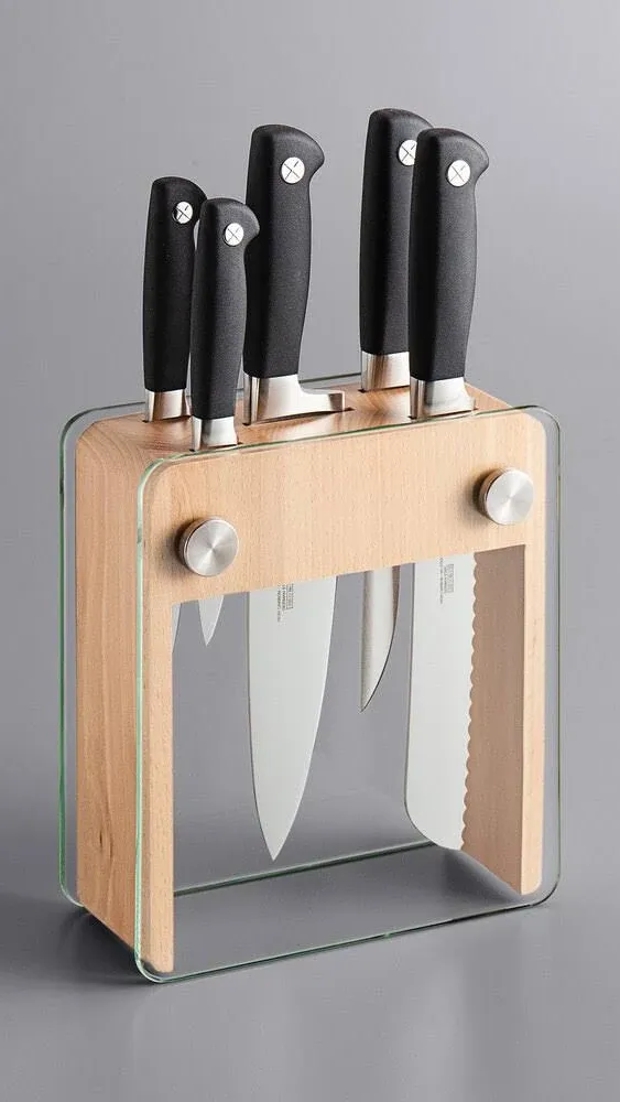 Mercer Culinary Genesis 6-Piece Forged Knife Block Set, Wood Block with Tempered Glass