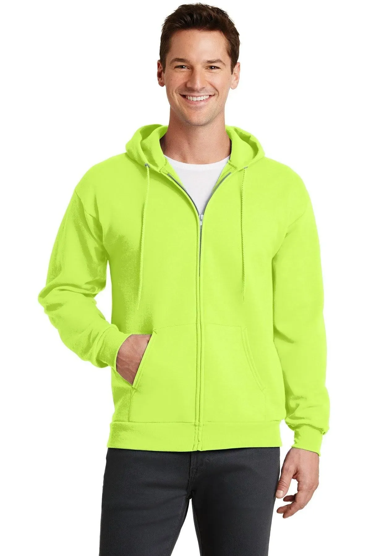 "Port & Company Men's Neon Yellow Core Fleece Full-Zip Hooded Sweatshirt"