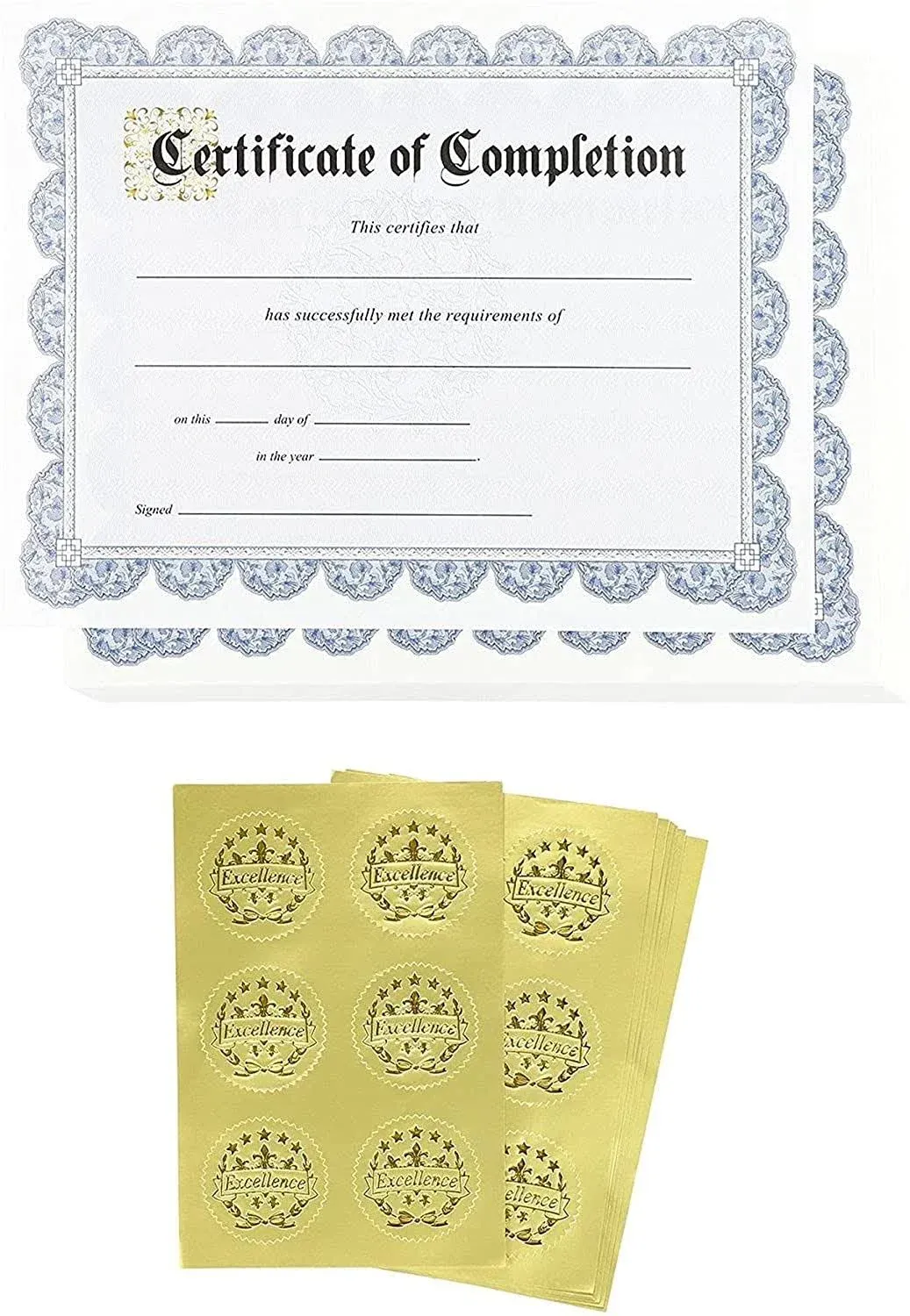 48 Pack Certificate of Completion Award with Gold Foil Seal Stickers 8.5&#034; x 11&#034;