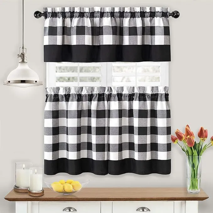 Kate Aurora Modern Country Farmhouse 3 Piece Plaid Checkered Cafe Kitchen Curtain Tier & Valance Set