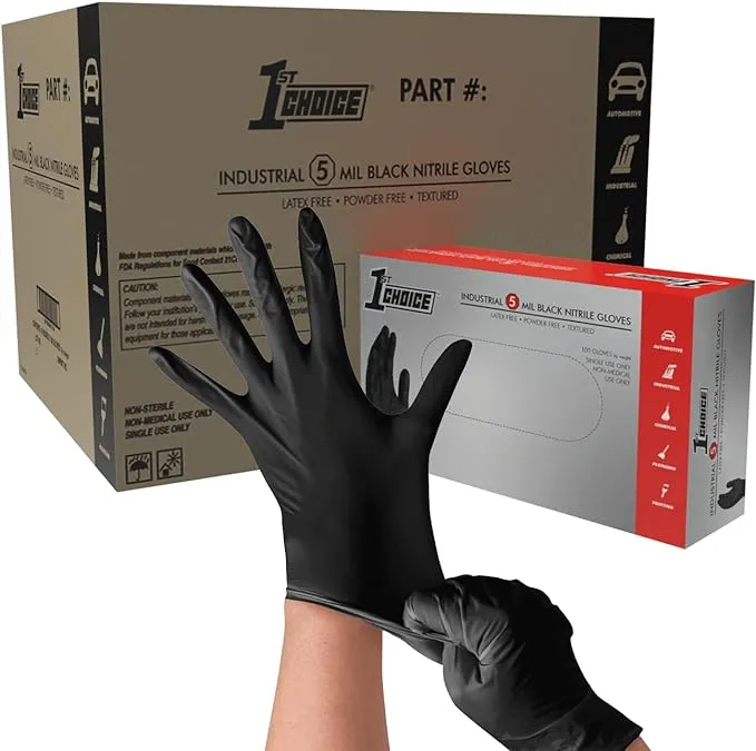 1st Choice 5 Mil Industrial Black Nitrile Gloves, X-Large, Case of 1000