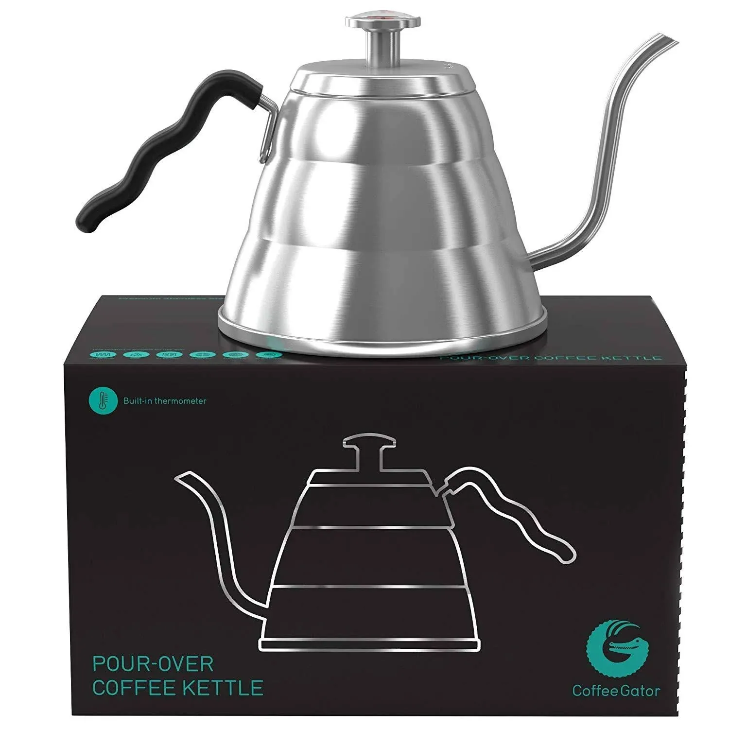 Coffee Gator Gooseneck Kettle with Thermometer - 34 Oz Stainless Steel, Stove To