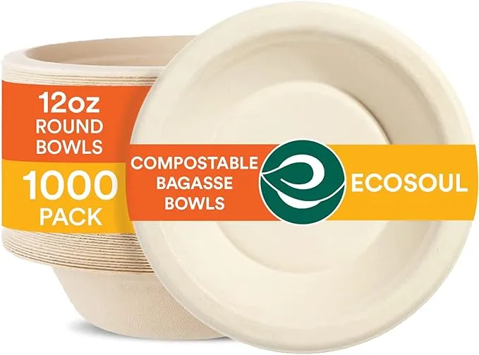 ECO SOUL 100% Compostable 12 oz Bagasse Bowls, 200 counts | Heavy-Duty Disposable Bowls | Eco-Friendly Made of Sugarcane Fibers-Natural Unbleached Biodegradable Bowls