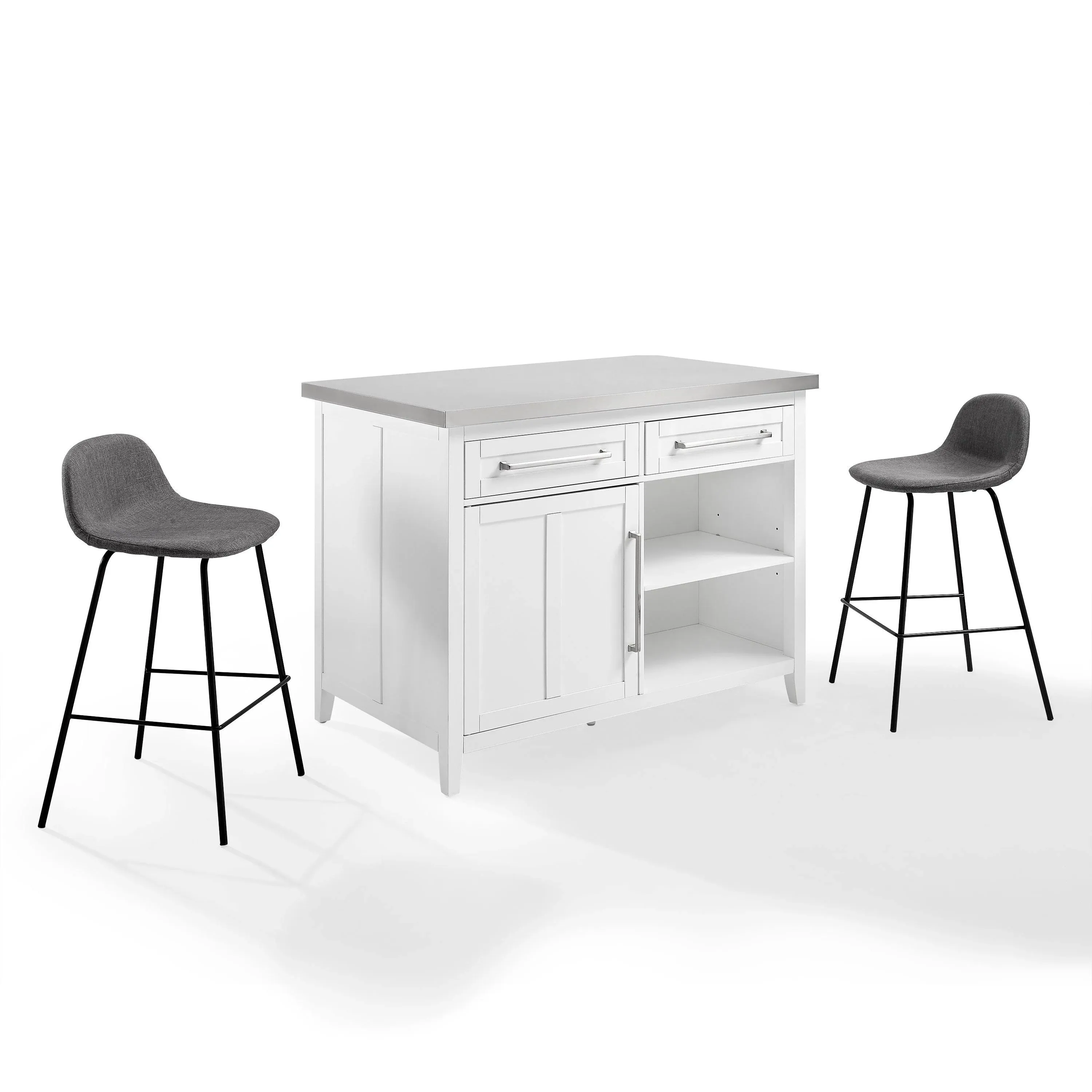 Silvia Stainless Steel Top Kitchen Island with Riley Stools White/Gray - Crosley