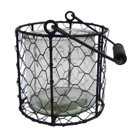 Rattan Round Glass Jar in Wire Basket, White - Small