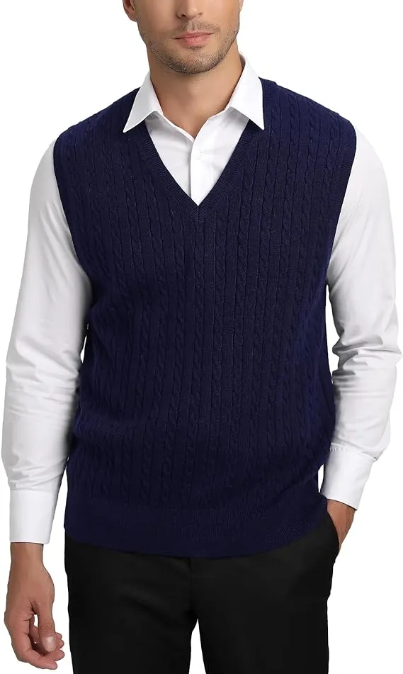 Kallspin Men’s Wool Blended Cable Knit Sweater Vest V Neck Relaxed Fit Sleeveless Pullovers