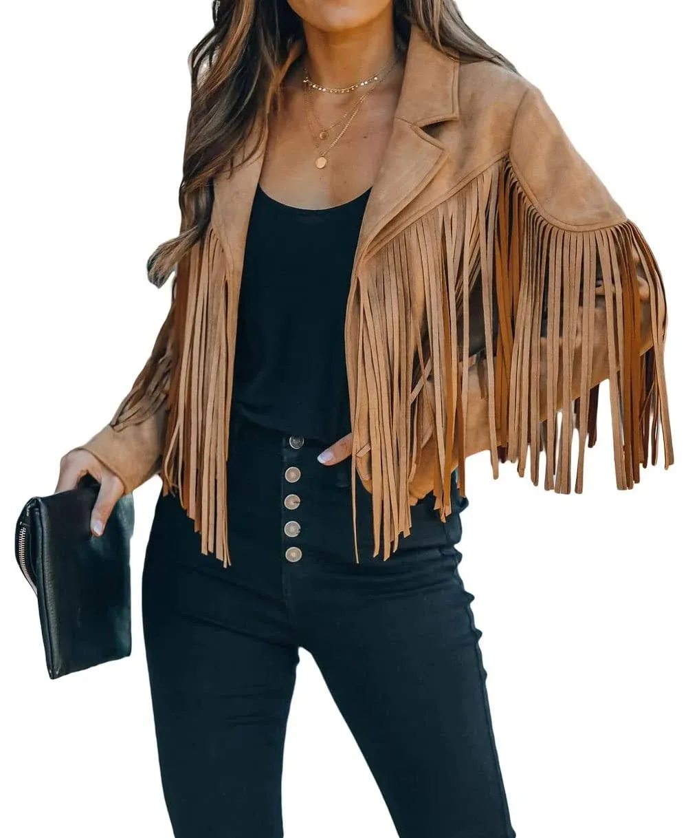 CHARTOU Casual Faux Leather Jacket Women Motorcycle Jacket Fringe Cropped Jacket