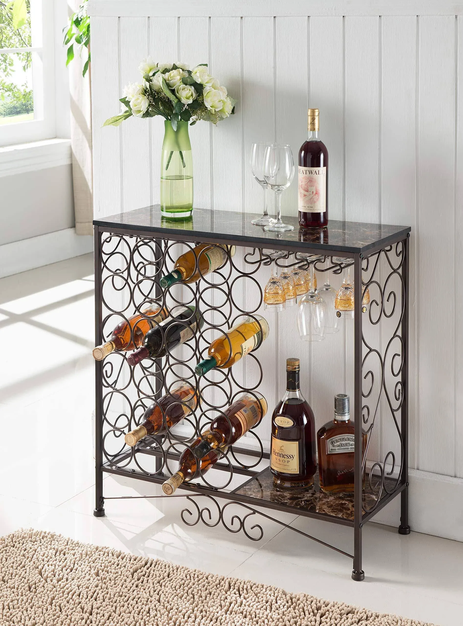 Kings Brand Furniture - Metal with Marble Finish Console Table with Wine Rack