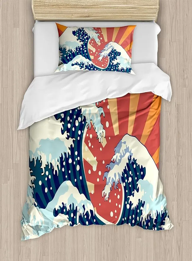 Ambesonne Japanese Wave Duvet Cover Set, Japanese Painting Style Summer Seasonal ...