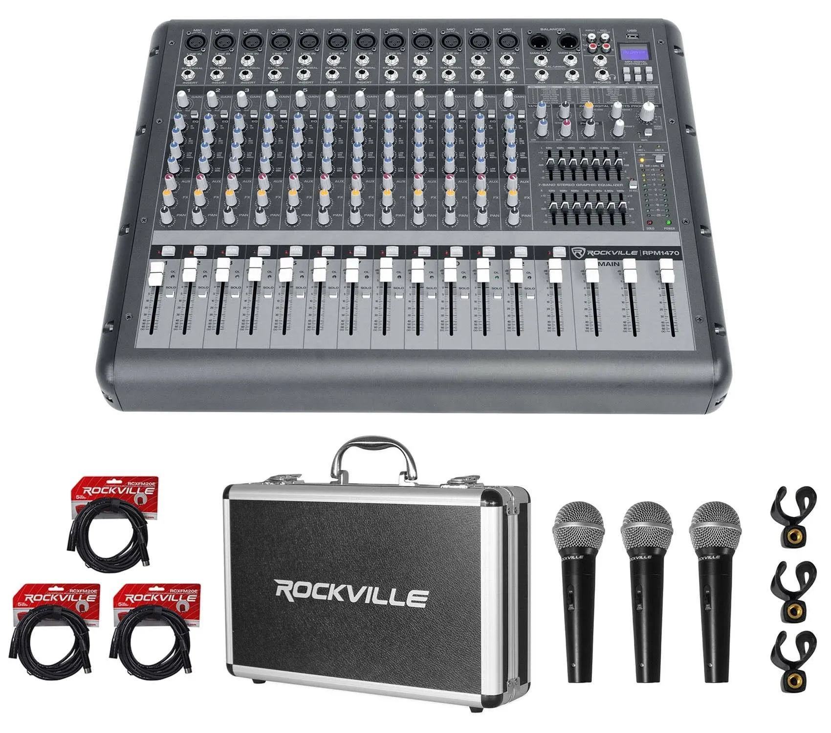 Rockville RPM1470 14 Channel 6000w Powered Mixer, USB/Effects+3 Mics+Case+Cabl<wbr/>es