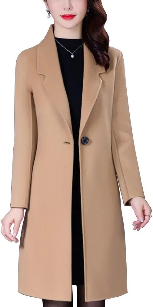 Aprsfn Women's Elegant Mid-Length Slim Fit Wool Blend Coat Windproof Trench Coat