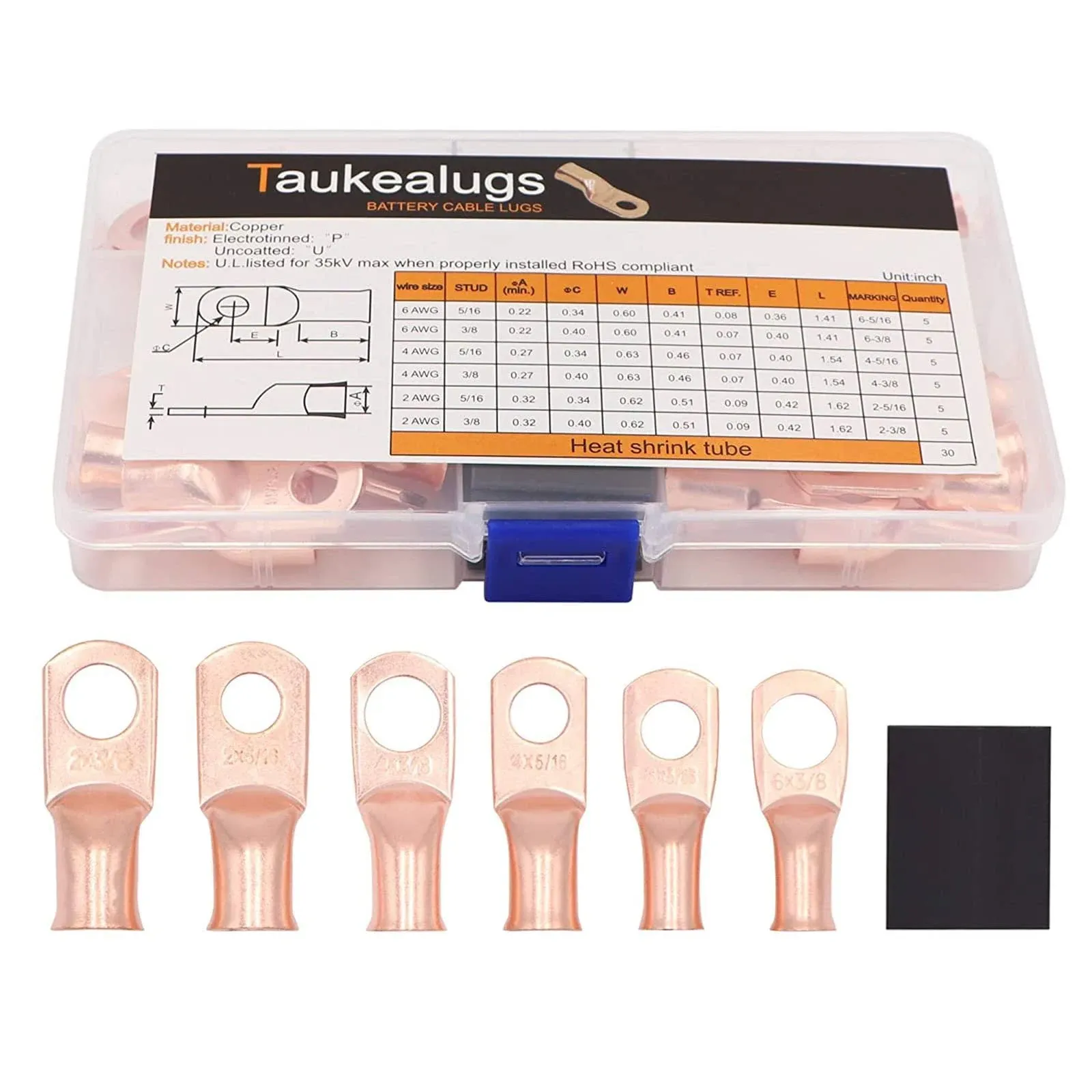 Taukealugs Battery Terminal Connectors Cable Ends AWG6-2 and Heat Shrink Tube Total 60pcs