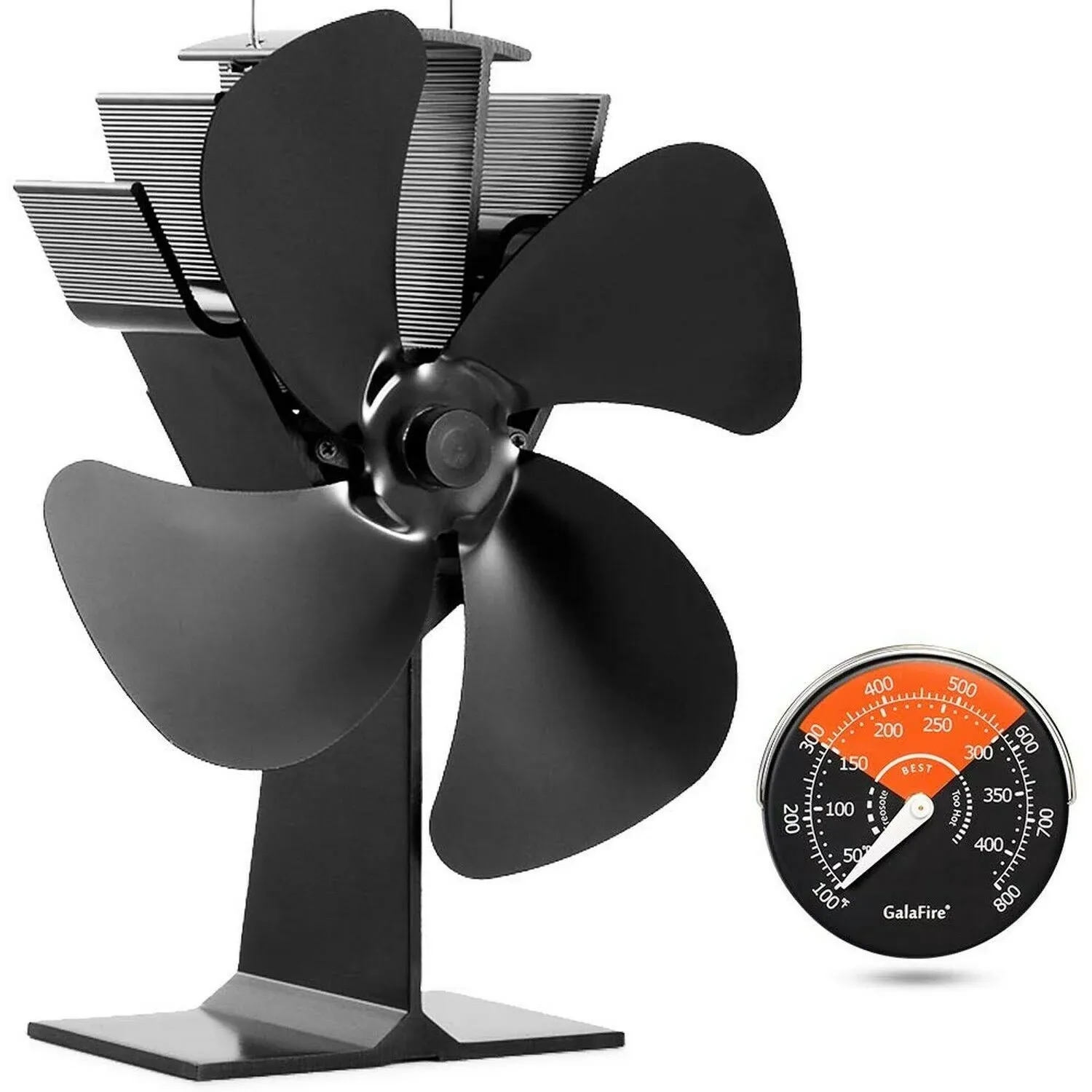 GalaFire Heat Powered Fan For Wood Stove w/ Magnetic Thermometer N430 Black