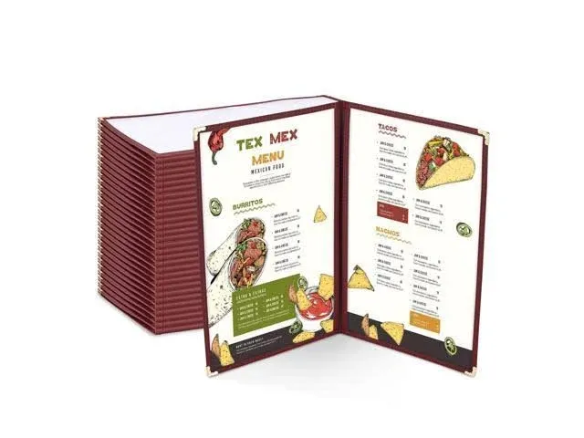 WeChef 30 Pack Restaurant Menu Covers 8.5 x 14 Double Fold 2 Pages 4 Views Burgundy