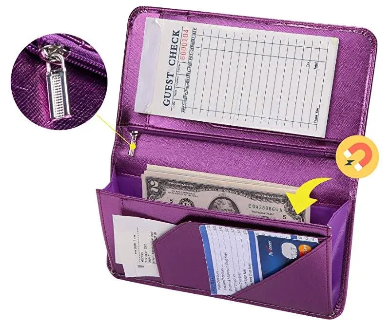 Mymazn 4.7 x 9 Metallic Purple Server Book with Zipper Pocket Bling Waitress Book with Money Pocket and Magnetic Closure, Restau