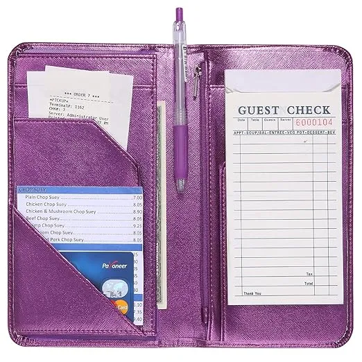 Mymazn 4.7 x 9 Metallic Purple Server Book with Zipper Pocket Bling Waitress Book with Money Pocket and Magnetic Closure, Restau