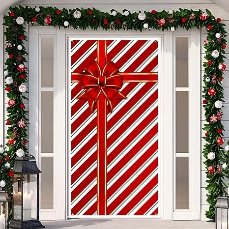 Christmas Bow Door Cover 35 x 71 Inch Indoor Outdoor Door Cover Decoration Vinyl Christmas Door Decorations Gift Box Bow Banner Cover for Front Door Porch Home Xmas Decor