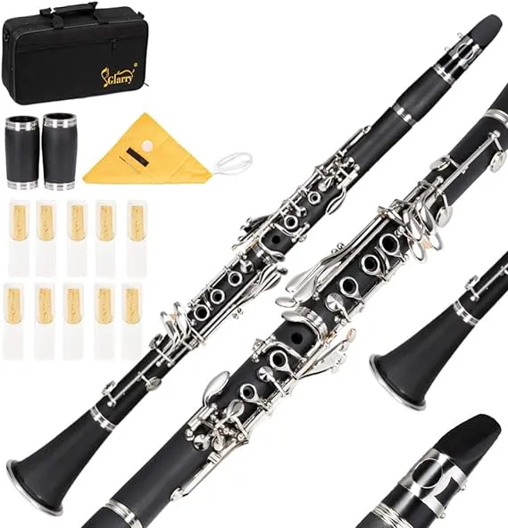 Ktaxon Bb Flat Clarinet Mid-range Bakelite Beginner & Student Clarinet, Nickel-Plated 17 Keys B Tone Clarinets with Hard Case, 10 Reeds, Gloves, 2 Mouthpieces Connector (Black)