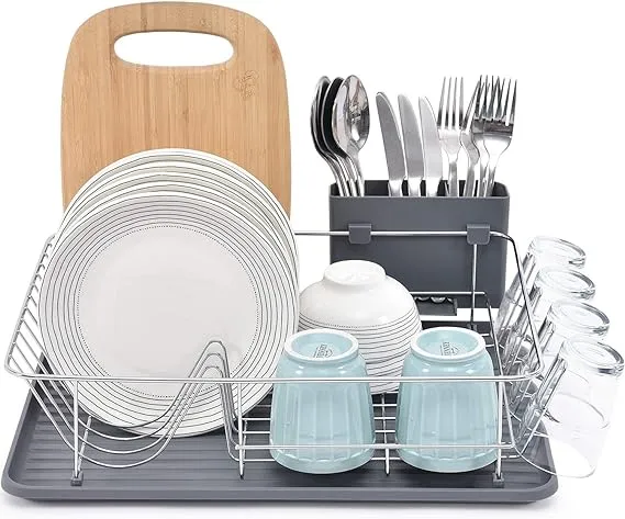 TOOLF Dish Rack, Large Capacity, Dish Drying Rack with Cutlery Holder, Removable Drip Tray, Cup Holder, Compact Kitchen Drainers for Countertop, Grey