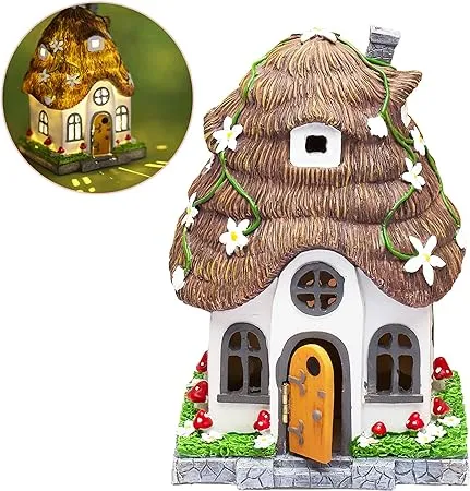 WILD PIXY Fairy Garden House - Glow in The Dark Fairy Cottage with Opening Door and Solar LED Light, Beautiful Miniature Garden Decoration for Indoor or Outdoor Fairy Gardens - 7.1" Fairy House