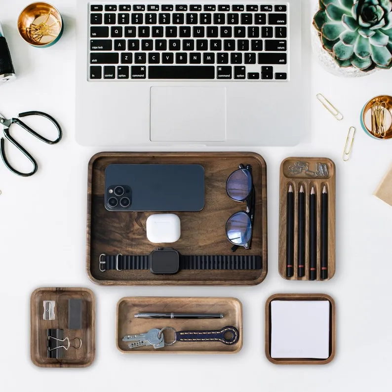 Wooden Desk Organizer Set of 5 - Desk Accessories Organizer , Wooden Tray, Catch All Tray, Anniversary Gift