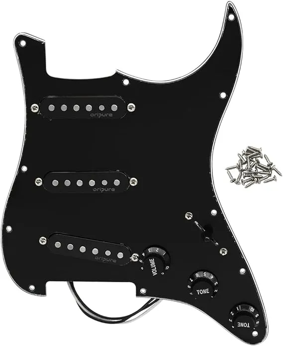 OriPure Prewired SSS Pickguard with Alnico 5 Single Coil Pickups Set Fit ST/SQ Electric Guitar Part,Black