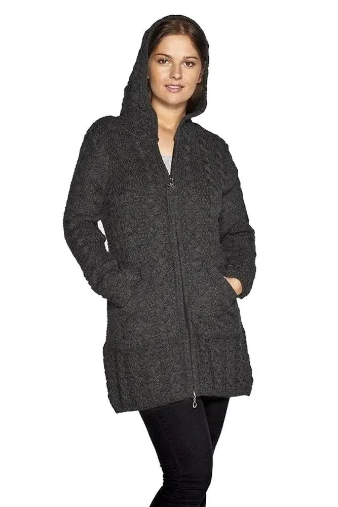 Aran Crafts Hooded Coat with Celtic Knot Zipper Pull Charcoal