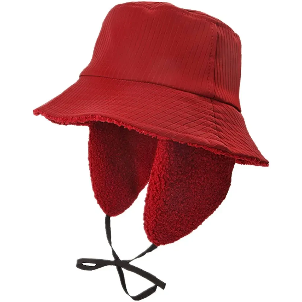 Winter Bucket Rain Hats for Women Girls with Ear Flaps Warm Autumn Large, Red 