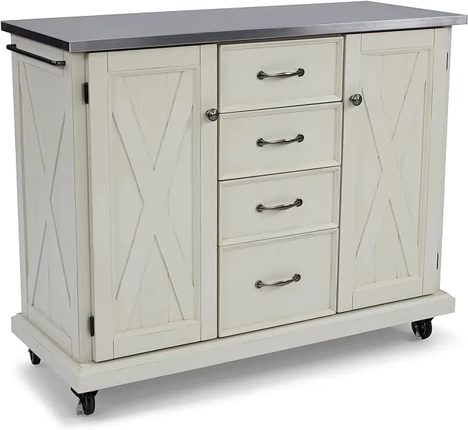 Seaside White Kitchen Cart with Stainless Steel Top