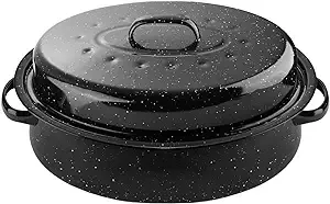 DIMESHY 18Inch Roasting Pan, Enamel on Steel, Black Covered Oval Roaster Pan with Lid, Large Cookware for Turkey, Small Chicken, Roast Baking Pan.