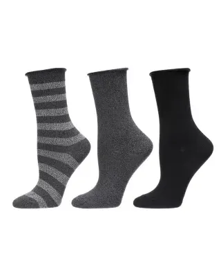 Memoi Women's Stripe Roll Top Buttersoft Crew Sock 3 Pack, Black, 10-12