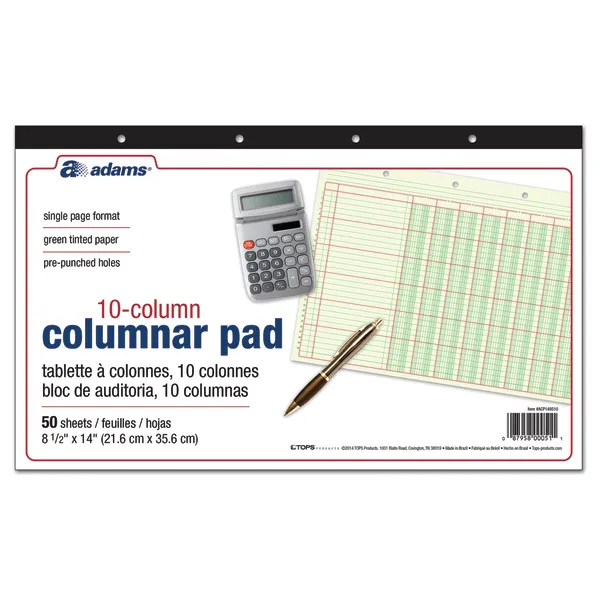 Adams Columnar Pad 14" x 8 1/2" 50 Pages 50 Sheets 10 Columns Green