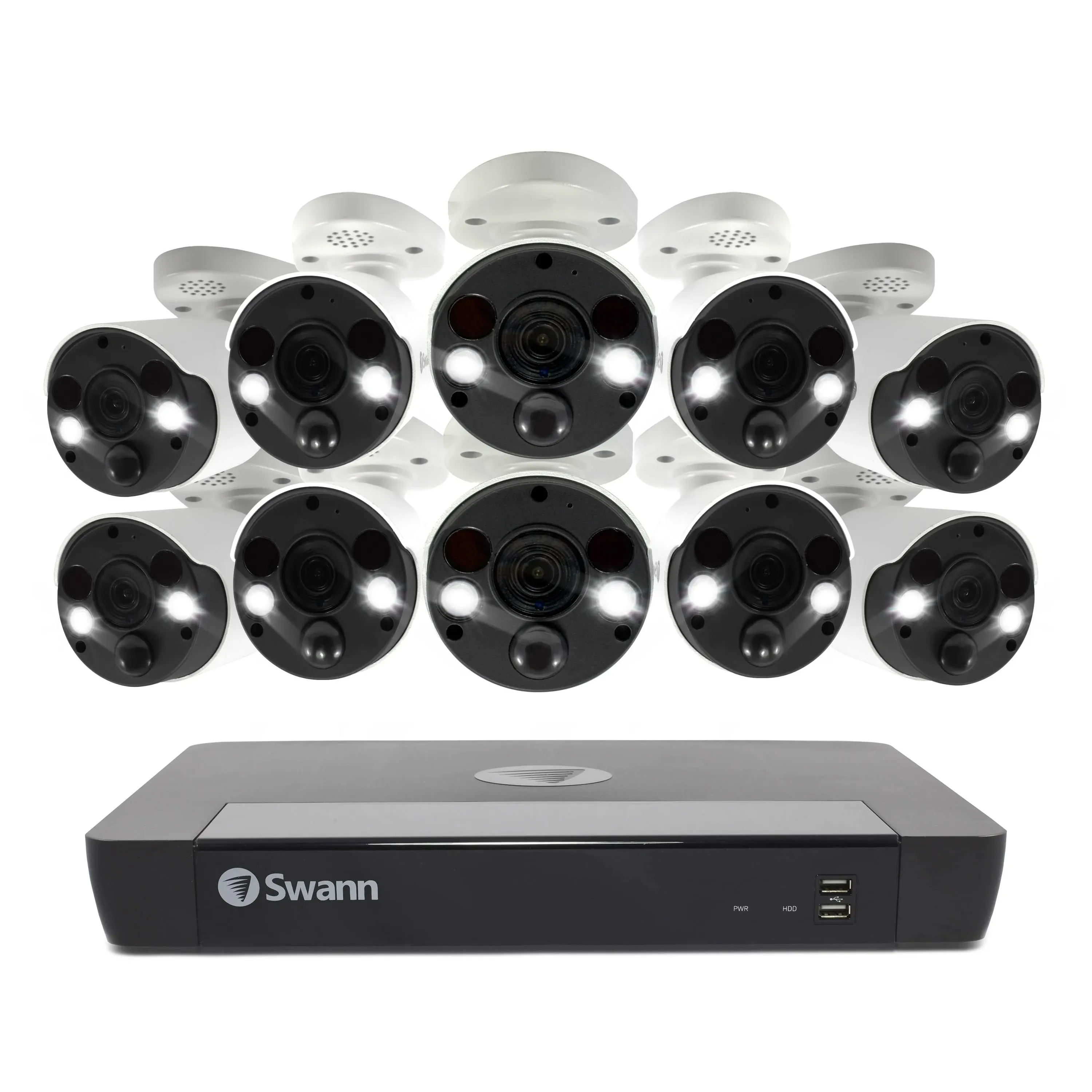 Swann Home Security Camera System with 2TB HDD, 16 Channel 10 Cam,POE Cat5e NVR 4K HD Video, Indoor or Outdoor Wired Surveillance CCTV, Color Night Vision, Heat Motion Detection, LED Lights, 1686810FB