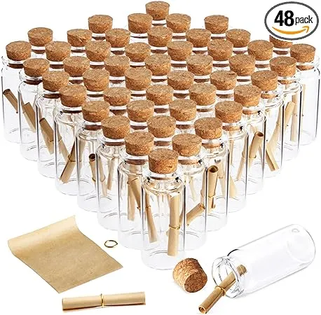 48 Pack 10ml Create A Message In A Bottle Kit, Bulk Small Glass Cork Bottles with Mini Scrolls for Time Capsules, Wedding Favors