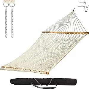 Castaway Living 13 ft. Double Traditional Hand Woven Cotton Rope Hammock with Free Extension Chains ,Tree Hooks & Storage Bag, for 2 People with A