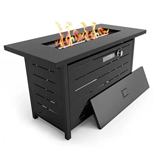 42 Inch Gas Fire Pit Table, 60,000 BTU Propane Pits for outside with Steel Lid a