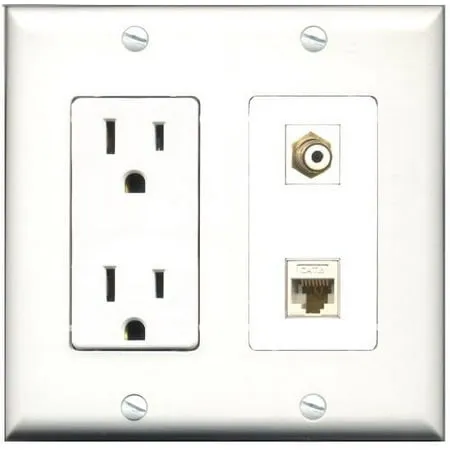 RiteAV - 15 Amp Power Outlet and 1 Port RCA White and 1 Port Cat6 Ethernet White Decorative Type Wall Plate White