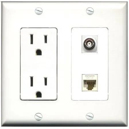 RiteAV - 15 Amp Power Outlet and 1 Port BNC and 1 Port Cat6 Ethernet White Decorative Type Wall Plate White