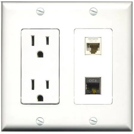 RiteAV - 15 Amp Power Outlet and 1 Port Shielded Cat6 Ethernet and 1 Port Cat6 Ethernet White Decorative Type Wall Plate White