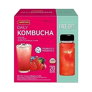 KAYFOOD Daily Kombucha Powder Tea 5g x 20 sticks (100g/3.52oz) with Bottle Sugar Free Diet Tea (SevenBerry Bottle Set)