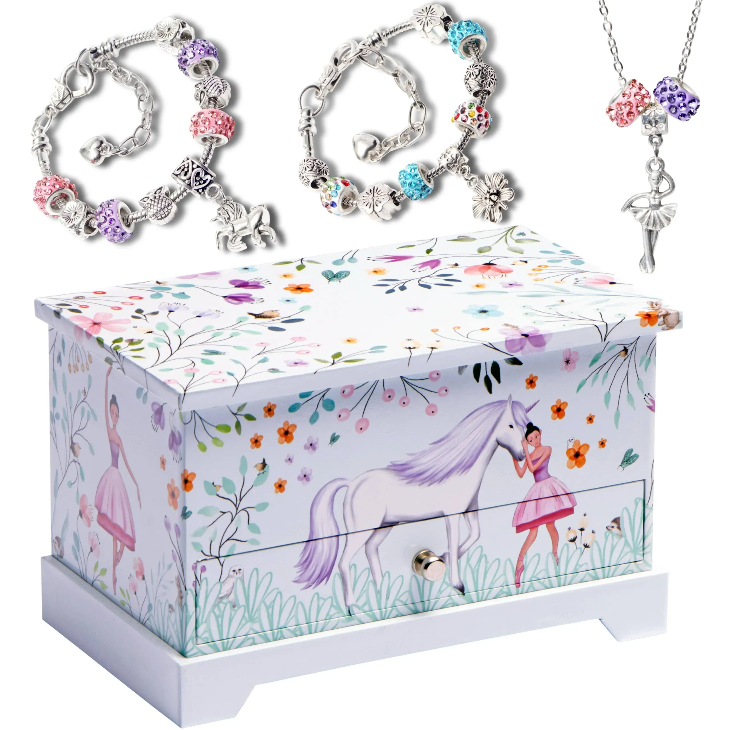 Unicorn Ballerina Jewelry Box for Girls plus Charm Bracelet and Necklace set - A gift for girls age 4 5 6 7 8 9 10