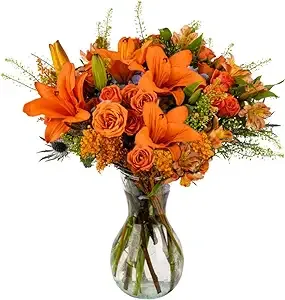 Pumpkin Spice | Fresh Fall Autumn Flowers Bouquet with Vase | Orange Fresh Flower Arrangement | Flowers for Delivery, Anniversary, Congratulations, Thanksgiving | Arabella Bouquets