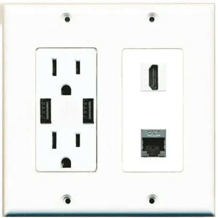 RiteAV 15A 125V Power Outlet with 2 Powered USB Ports and 1 x HDMI 1 x Cat6 Shielded Ethernet Decorative White Wall Plate